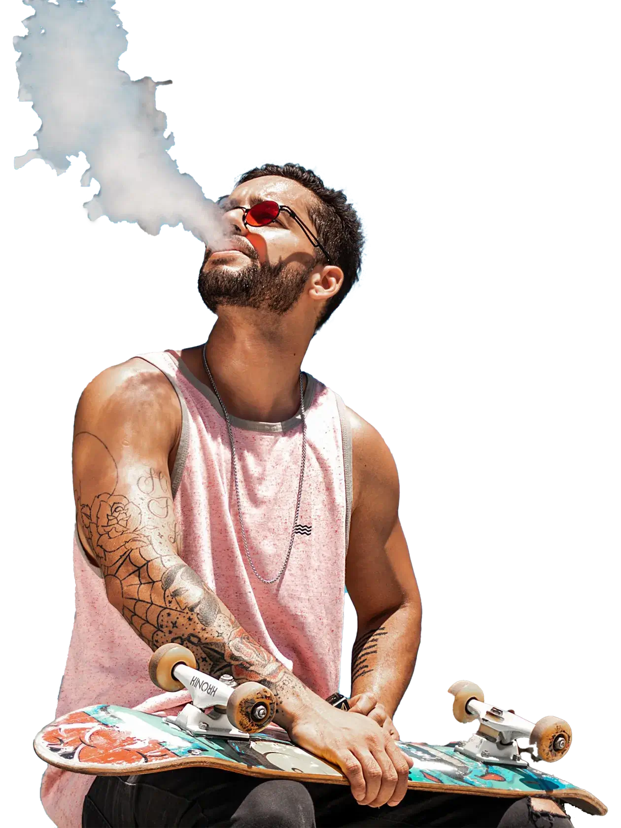 一位手持滑板、佩戴墨鏡的潮流玩家正在享受大煙霧 Vaping,代表 SALT SHAQ 充滿活力的會員社群。邀請您訂閱電子報,獲取台灣電子煙獨家優惠。