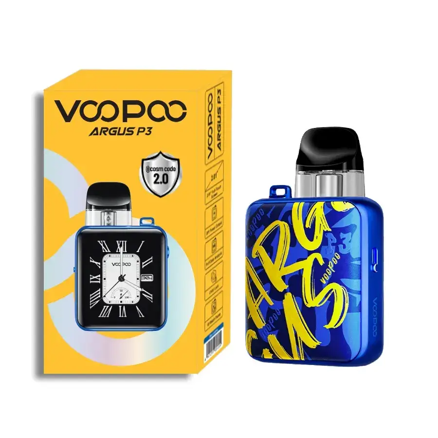 VOOPOO ARGUS P3 Pod Kit 產品零售包裝盒特寫。外盒側面清晰標示產品特色：3mL 大容量、Top Fill Cartridge (頂部注油煙彈)，以及內含 0.4Ω / 0.7Ω 兩種阻值規格。