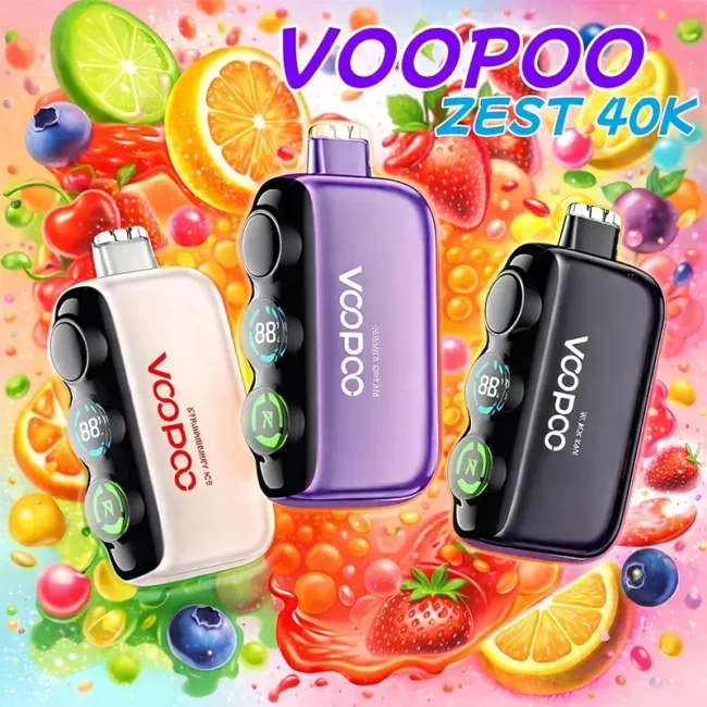 VOOPOO ZEST 40000口 電子煙主圖與包裝展示。圖中醒目標示核心賣點文字：40000 PUFFS (超大口數)、Press to Satisfy (一按滿足)、Adjustable nicotine strength (業界首創可調尼古丁濃度)、Adjustable power (可調功率) 與 Dual mesh coil (雙網狀線圈)。